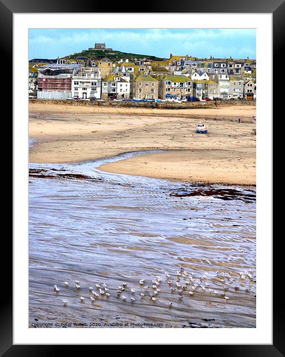 St. Ives Harbour at low tide viewed from the Harbour Beach. Cornwall, UK. Framed Mounted Print by Peter Bolton