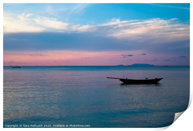 Boat at sunset Print by Sara Melhuish