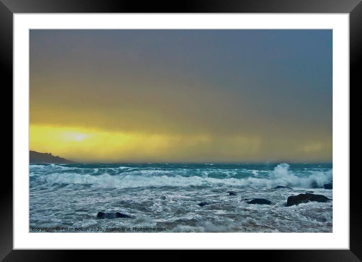 A Sudden squall hits Porthmeor Beach, St. Ives, Co Framed Mounted Print by Peter Bolton