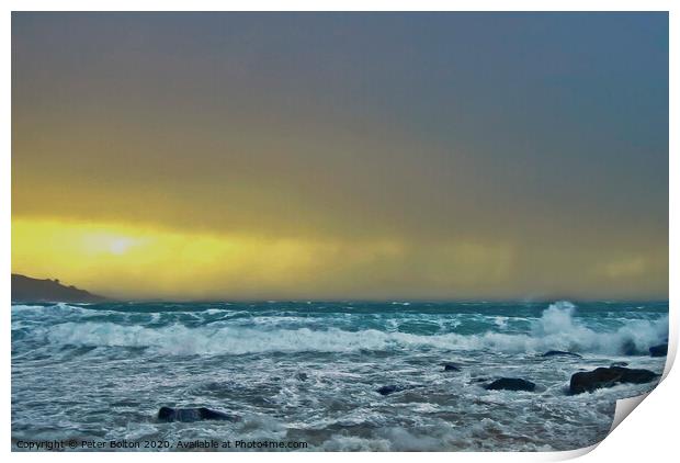 A Sudden squall hits Porthmeor Beach, St. Ives, Co Print by Peter Bolton