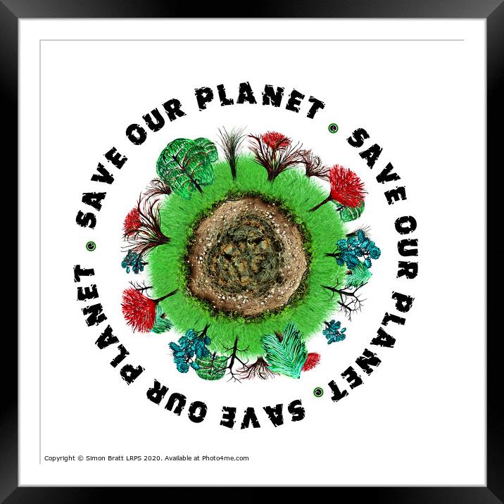 Planet earth icon with slogan Framed Mounted Print by Simon Bratt LRPS