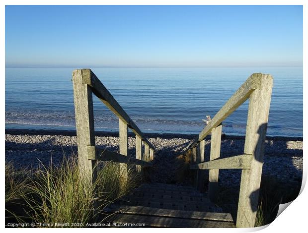 Findhorn Beach steps Print by Thelma Blewitt