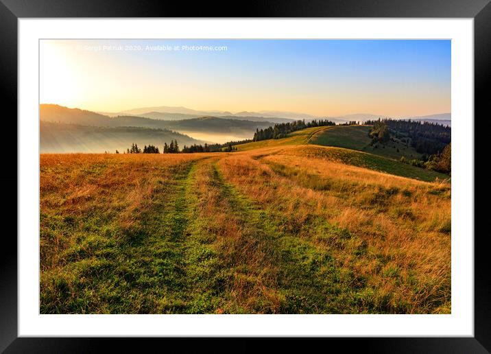 The mountain peaks of the Carpathian hills are filled with golden light in the morning sun. Framed Mounted Print by Sergii Petruk