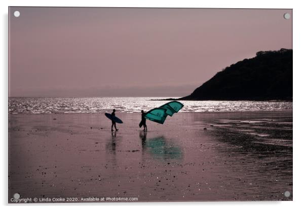 Surfer and windsurfer at Oxwich Acrylic by Linda Cooke