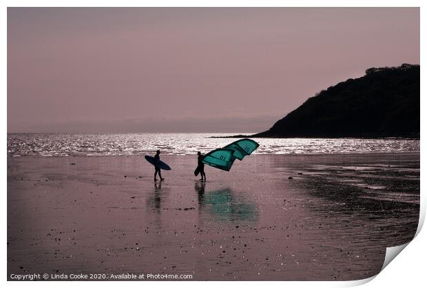 Surfer and windsurfer at Oxwich Print by Linda Cooke
