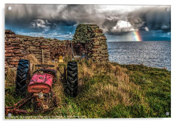 Shetland Red tractor and rainbow Acrylic by Richard Ashbee