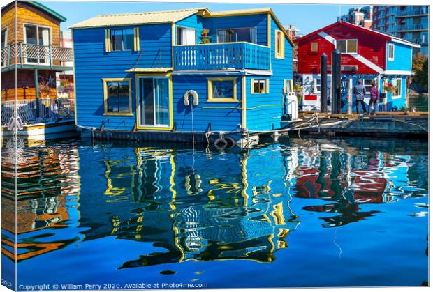 Floating Home Village Blue Red Houseboats Fisherman's Wharf Victoria Canada Canvas Print by William Perry