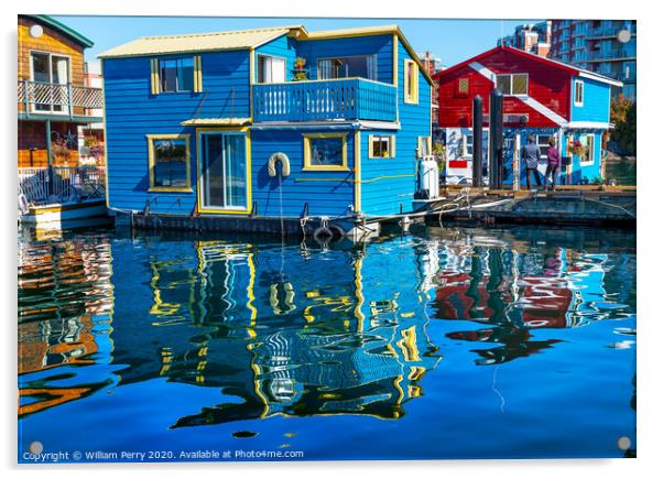 Floating Home Village Blue Red Houseboats Fisherman's Wharf Victoria Canada Acrylic by William Perry