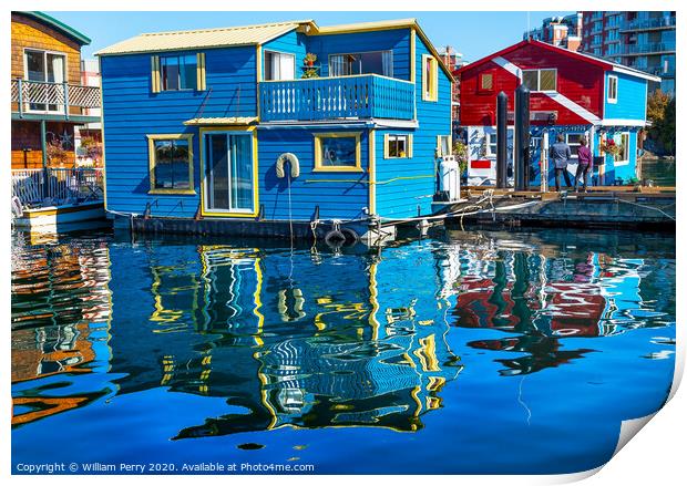 Floating Home Village Blue Red Houseboats Fisherman's Wharf Victoria Canada Print by William Perry