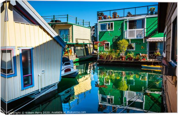 Green Brown Houseboats Victoria Canada Canvas Print by William Perry