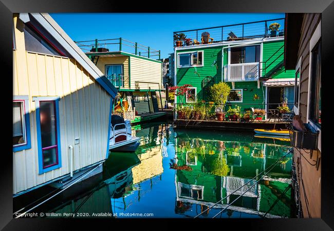 Green Brown Houseboats Victoria Canada Framed Print by William Perry