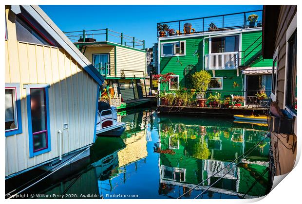 Green Brown Houseboats Victoria Canada Print by William Perry