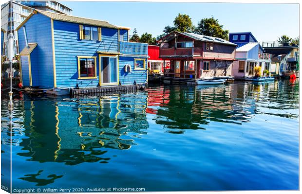 Blue Red  Brown Houseboats Victoria Canada Canvas Print by William Perry