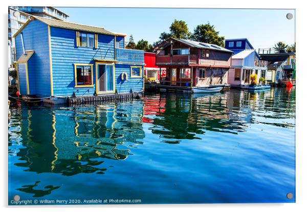 Blue Red  Brown Houseboats Victoria Canada Acrylic by William Perry