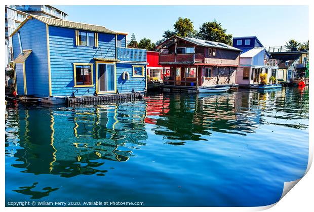 Blue Red  Brown Houseboats Victoria Canada Print by William Perry