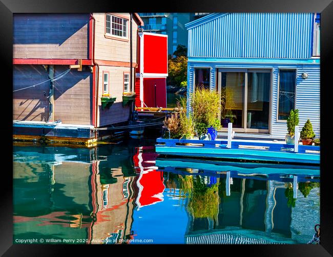Floating Home Village Red Blue Brown Houseboats Victoria Canada Framed Print by William Perry