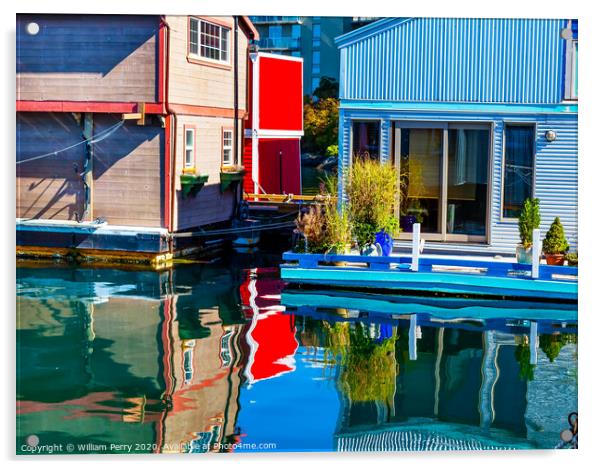 Floating Home Village Red Blue Brown Houseboats Victoria Canada Acrylic by William Perry