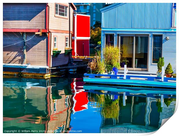 Floating Home Village Red Blue Brown Houseboats Victoria Canada Print by William Perry