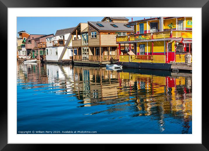 Floating Home Village Yellow Brown Houseboats Victoria Canada Framed Mounted Print by William Perry