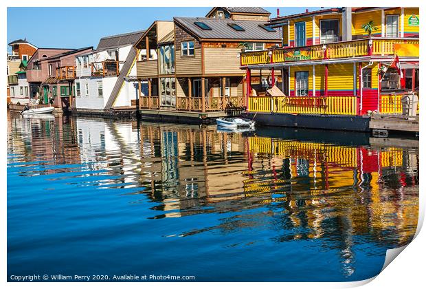 Floating Home Village Yellow Brown Houseboats Victoria Canada Print by William Perry