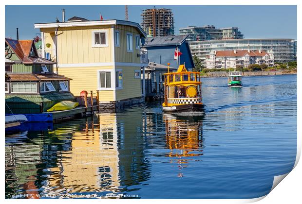 Water Taxis Blue Houseboats Victoria Canada Print by William Perry