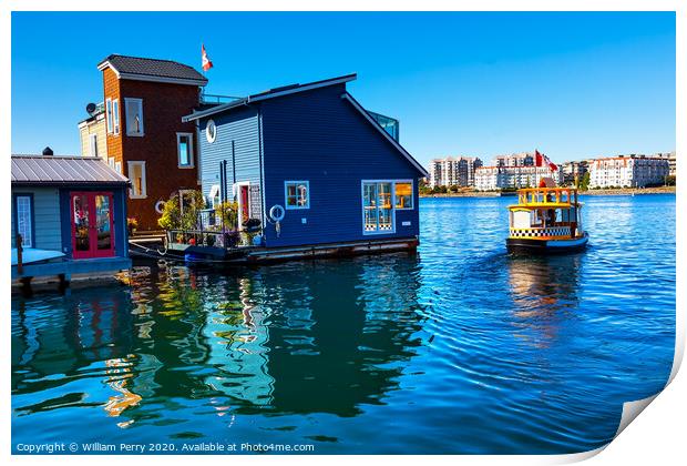 Water Taxi Blue Houseboats Victoria Canada Print by William Perry