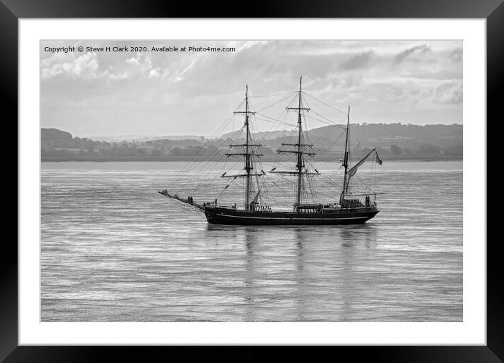 Tall Ship - Kaskelot - Black and White Framed Mounted Print by Steve H Clark