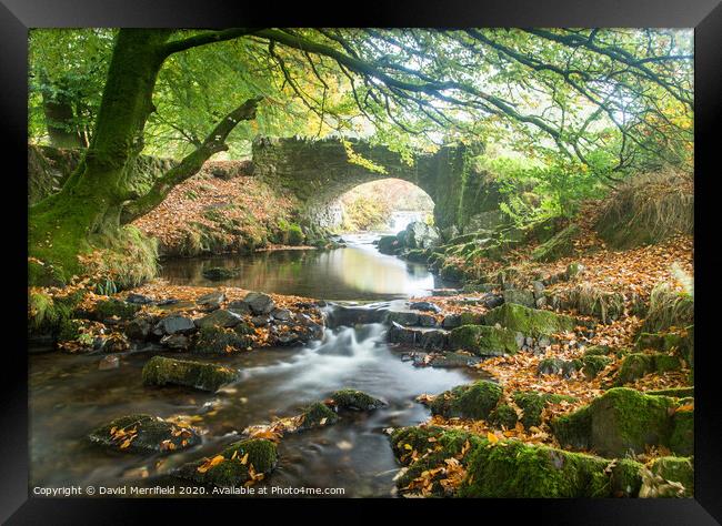 Robbers Bridge at the Lorna Doone Valley (Exmoor) during autumn Framed Print by David Merrifield