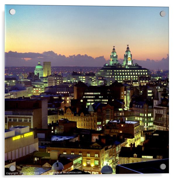 Liverpool Cityscape dusk skyline 1988 Acrylic by Bernard Rose Photography