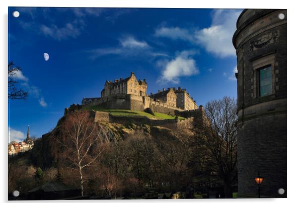 Half moon over Edinburgh Castle Acrylic by Philip Hawkins