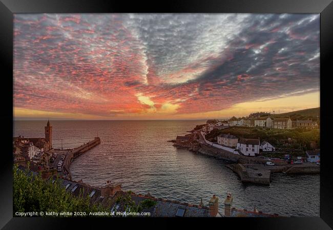 Porthleven Cornwall Sunset, with clock tower,Sunse Framed Print by kathy white