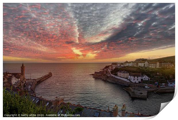 Porthleven Cornwall Sunset, with clock tower,Sunse Print by kathy white