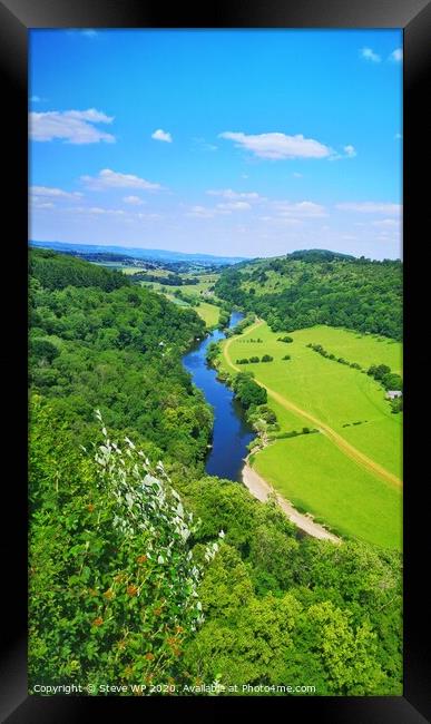 Blue River, Blue skies, green fields Framed Print by Steve WP