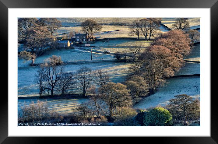 Ashes Farm on a cold morning in Winter Framed Mounted Print by Chris Drabble