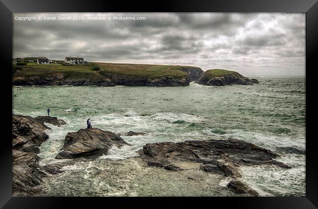 Majestic Fishermen Battle the Cornish Waves Framed Print by Derek Daniel