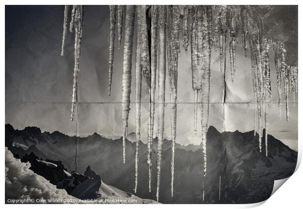 Icicles at dawn in the French Alps Print by Colin Woods