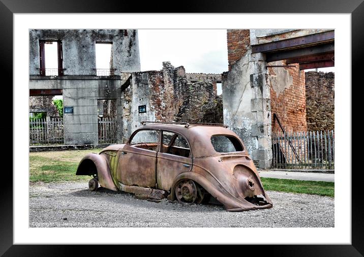 Rusted Car amongst Oradour Ruins  Framed Mounted Print by Jacqui Farrell