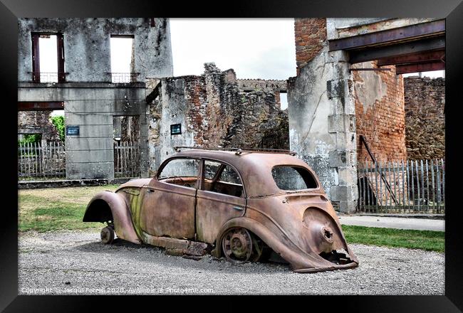 Rusted Car amongst Oradour Ruins  Framed Print by Jacqui Farrell