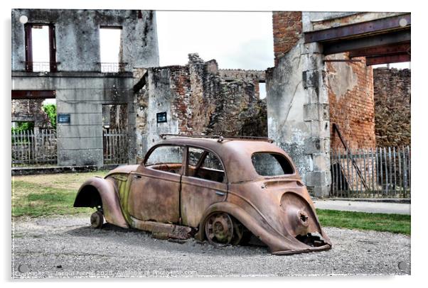 Rusted Car amongst Oradour Ruins  Acrylic by Jacqui Farrell