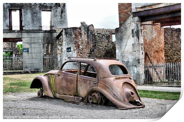 Rusted Car amongst Oradour Ruins  Print by Jacqui Farrell