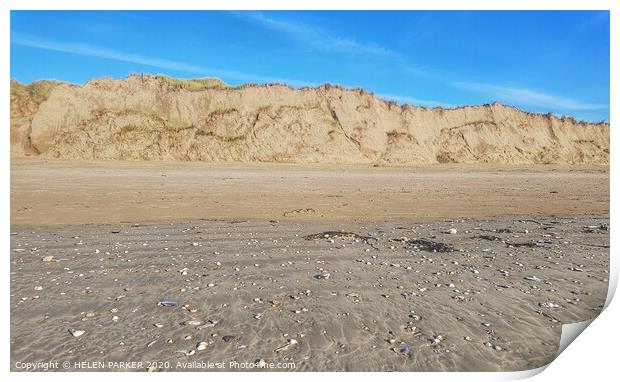 Sandy dunes of Cefn Sidan Beach Print by HELEN PARKER
