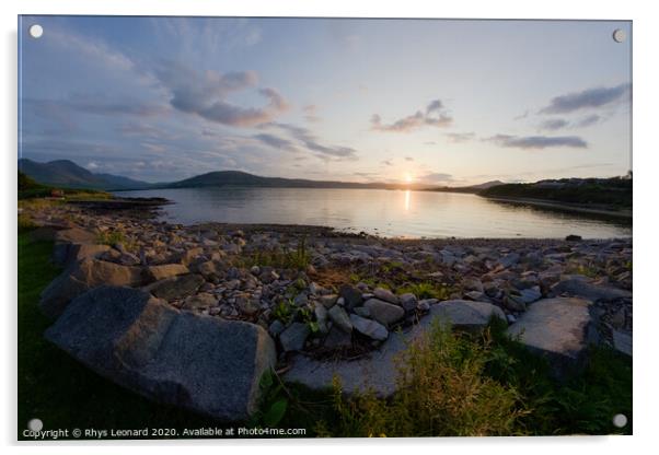East suisnish, Isle of Raasay. Fish eye bay sunset. Acrylic by Rhys Leonard
