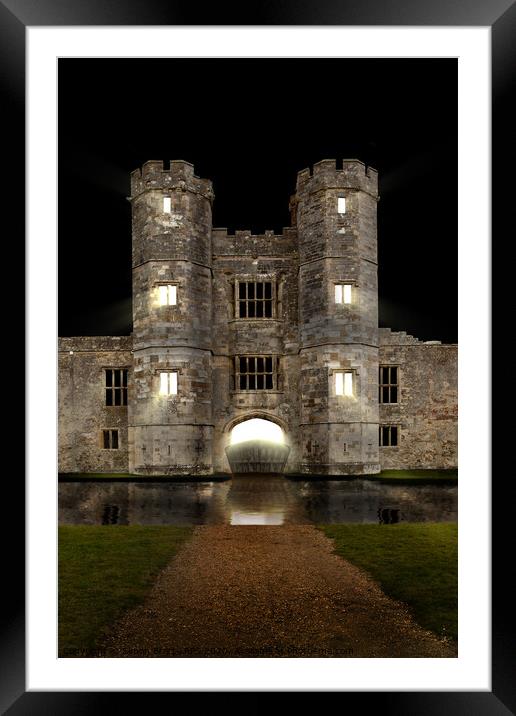Titchfield Abbey at night with moat and lights shining Framed Mounted Print by Simon Bratt LRPS