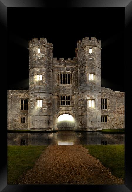 Titchfield Abbey at night with moat and lights shining Framed Print by Simon Bratt LRPS