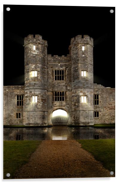 Titchfield Abbey at night with moat and lights shining Acrylic by Simon Bratt LRPS