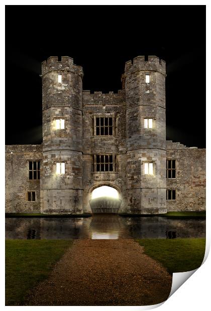 Titchfield Abbey at night with moat and lights shining Print by Simon Bratt LRPS