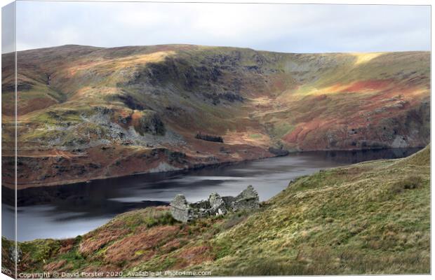 Ruin with Light Raking the Fells above Haweswater, Lake District Canvas Print by David Forster