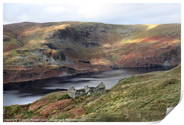 Ruin with Light Raking the Fells above Haweswater, Lake District Print by David Forster