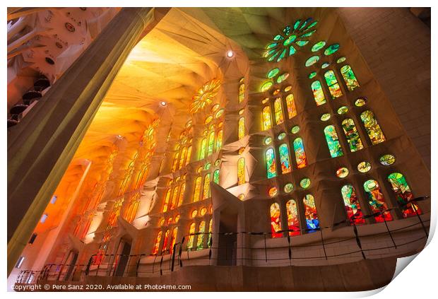 The interior of Sagrada Familia, the cathedral designed by Gaudi in Barcelona, Catalonia Print by Pere Sanz