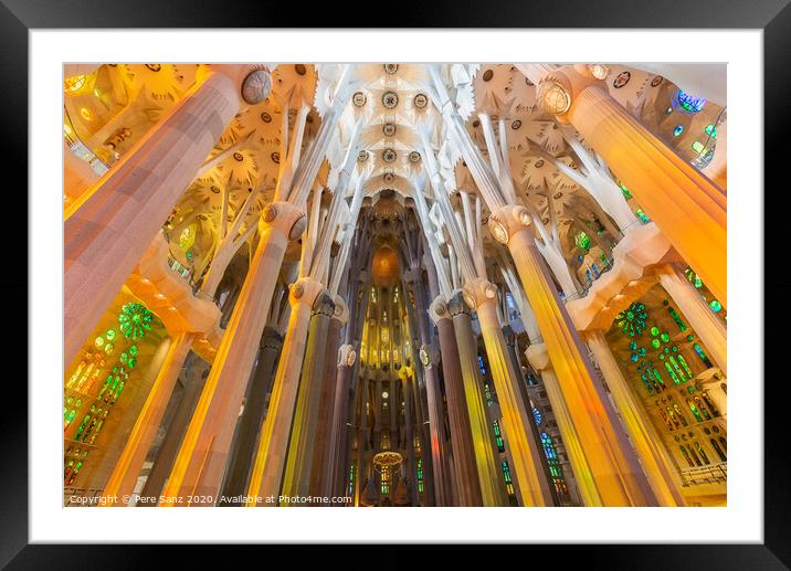 The interior of Sagrada Familia, the cathedral designed by Gaudi in Barcelona, Catalonia Framed Mounted Print by Pere Sanz
